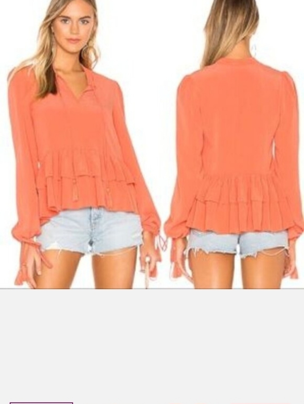 NEW TULAROSA Savannah Top in Salmon Ruffle Hem Tassel Trim Blouse Size Small